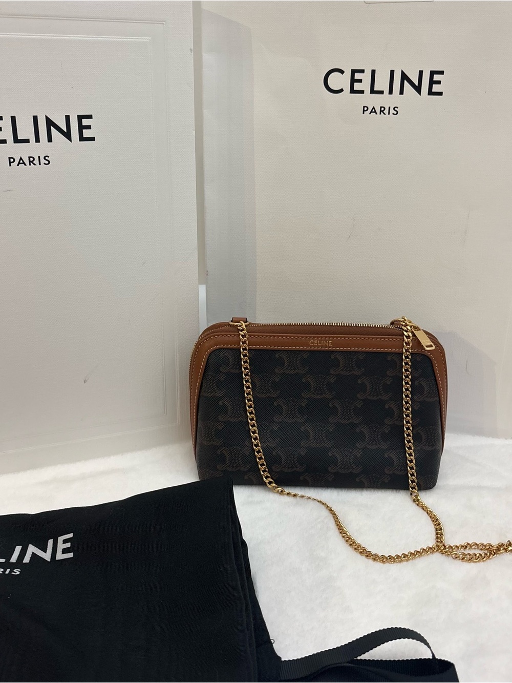 Celine Brown and Tan Triomphe Canvas Crossbody with Gold Chain - Picture 3 of 8